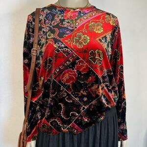 Vintage 90s Velvet Jewel Tone Velvet Floral Patchwork Blouse Top Whimsigoth XL